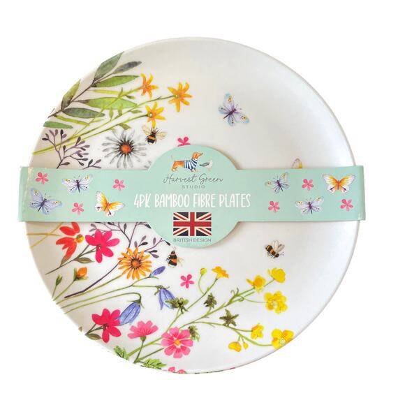 Harvest Green Studio Bamboo Butterfly Spring Floral Dinner Plates Set of 4 New